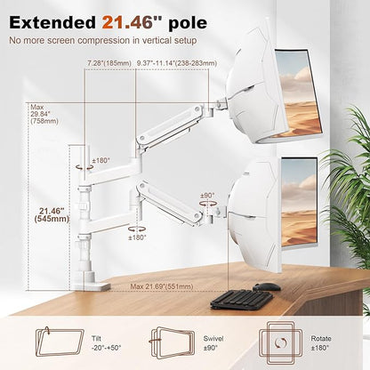 Dual Monitor-Arm Heavy-Duty for 17-49-inch Screens - Vertical Stacked Dual Monitor Mount Stand for Ultrawide Screens up to 44lbs, Aluminum,Full Motion, VESA 75/100 mm, White