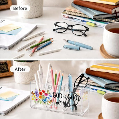 God Is Good All The Time 3 Compartment Acrylic Organizer Box with Wildflower & Butterfly, Desktop Storage for Pens, Makeup, Office Supplies, Cute Floral Desk Organizer for Home & Office Vanity
