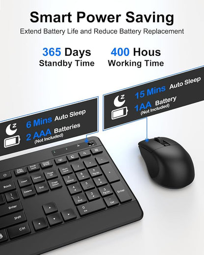 EDJO Wireless Keyboard and Mouse Combo, Silent Full-Sized 2.4GHz Wireless Keyboard and Adjustable DPI Mouse with USB Receiver, Auto-Sleep, for Laptop, Computer, PC