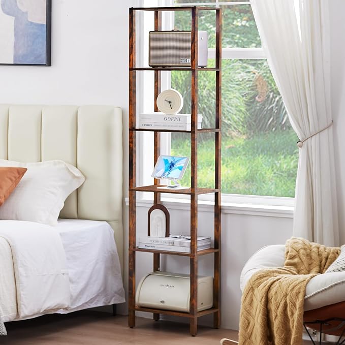 YUFAM 66in Tall Bookshelf 6-Tier Small Narrow Bookcase, Skinny Book Shelf for Small Space, Farmhouse Slim Shelf with Storage, Wood Freestanding Display Thin Bookshelves for Living Room, Office, Brown