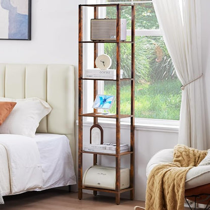 YUFAM 66in Tall Bookshelf 6-Tier Small Narrow Bookcase, Skinny Book Shelf for Small Space, Farmhouse Slim Shelf with Storage, Wood Freestanding Display Thin Bookshelves for Living Room, Office, Brown