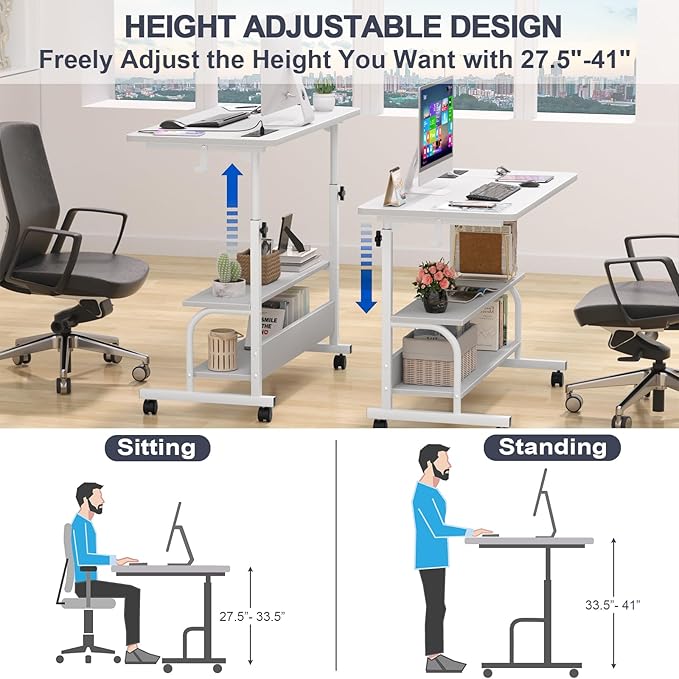 Armocity Rolling Standing Desk with Charging Station, Portable Height Adjustable Mobile Computer Desk with Wheels & 2-Tier Shelves & Hooks, Easy Assembly Laptop Table for Couch Bed, 32" White