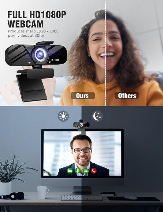 Tewiky Full HD Webcam with Built-in Microphone and Rotatable Tripod, 1080P Video and Wide Angle Camera, Privacy Cover, for Desktop PC or Laptop Computer