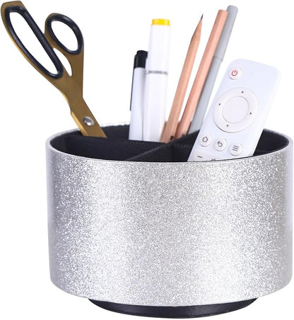 Spinning Caddy, PU Leather 360 Degree Rotating Remote Control Holder for Table with 4 Compartments, Cute Pen Holder Desk Organizer, Bling Silver PH100