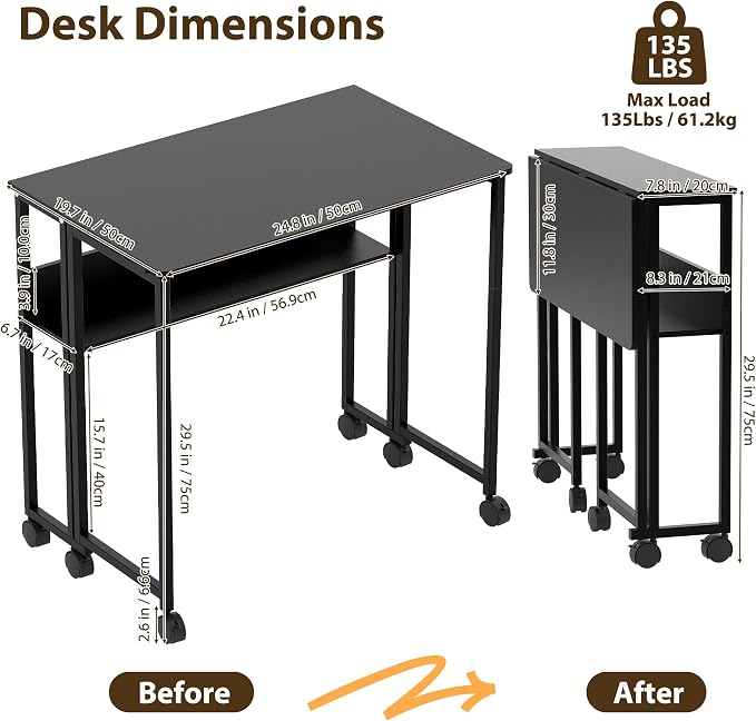 Garvee Folding Desk Small Rolling Desk with Storage Shelf,24.8 Inch Foldable Computer Table for Small Spaces, Space Saving Sofa Table with Wheels for Home Office, Study, Easy Assembly, Black