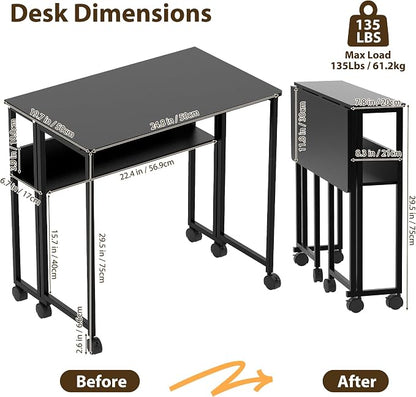 Garvee Folding Desk Small Rolling Desk with Storage Shelf,24.8 Inch Foldable Computer Table for Small Spaces, Space Saving Sofa Table with Wheels for Home Office, Study, Easy Assembly, Black