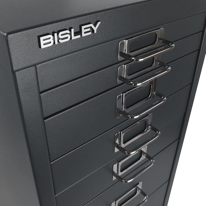 Bisley 8-Drawer Steel MultiDrawer Cabinet - Anthracite Grey | Chrome Pull Handles with Label Holders, Powder-Coated Steel, Removable Drawers, Fits Under Most Desks, Labels Included
