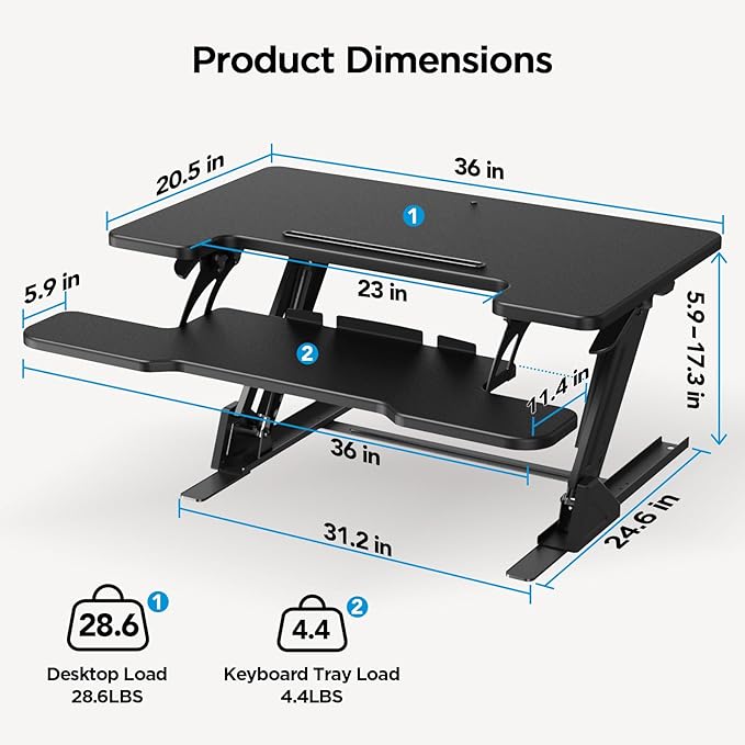 HUANUO 36" Z Shaped Stable Standing Desk Converter, Height Adjustable Sit Stand Up Desk Riser, Dual Monitor and Laptop Workstation with Wide Keyboard Tray, Desk Lifter for Home Office,Black