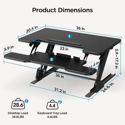 HUANUO 36" Z Shaped Stable Standing Desk Converter, Height Adjustable Sit Stand Up Desk Riser, Dual Monitor and Laptop Workstation with Wide Keyboard Tray, Desk Lifter for Home Office,Black