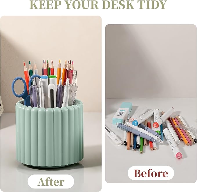 Anyoifax 360° Rotating Pen Holder 7 Slots Desk Organizer Removable Pencil Cup Plastic Art Supplies and Accessories Desktop Storage Box Caddy for Office, School, Home (Green)