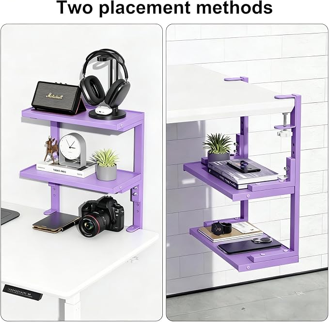 2-Tier Desk Shelf, Expandable Under Desk Storage, Clamp on Desk Shelf, Desktop Accessories for Offices, Study Rooms, and Game Rooms (Purple)