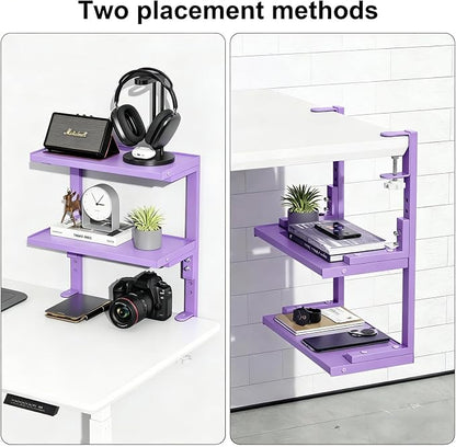 2-Tier Desk Shelf, Expandable Under Desk Storage, Clamp on Desk Shelf, Desktop Accessories for Offices, Study Rooms, and Game Rooms (Purple)