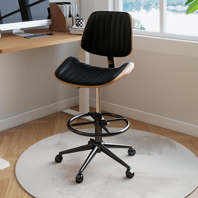 Drafting Chair, Ergonomic Office Chair with Walnut Wood Back Support, Armless PU Leather Desk Chair with Height-Adjustable, Thick Cushion for Home, Bar, Drafting, Office (Black)