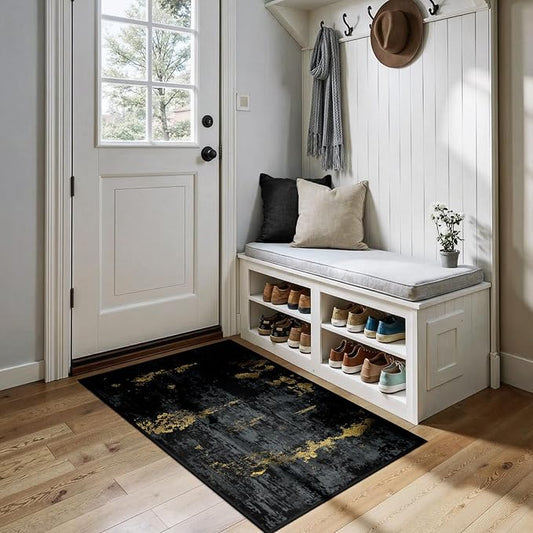 RELEANY Washable Area Rugs 2'x4' Non-Slip Modern Abstract Soft for Living Room Entryway Bedroom Kitchen, Print Pattern, Dark Black Gold
