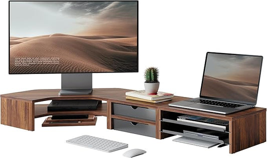 Fenge Dual Monitor Stand, 2-Tier Corner Monitor Riser with Drawer and Slide-out Tray, Triangle Desktop Shelf Organizer for Laptop Computer Printer Home Office Desk, Brown