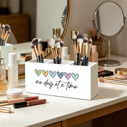 One Day At a Time Inspirational Mental Health Recovery Pen Pencil Holder Organizer for Home Therapy Office Desk Accessories, Motivational Self Love Wood Signs Makeup Brush Toothbrush Holder