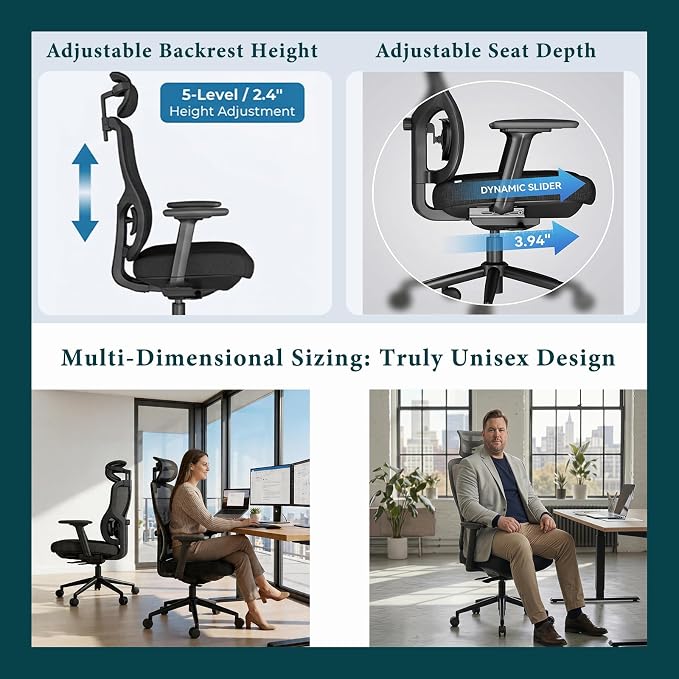 Ergonomic Office Chair with Breathable Mesh Back & Thick Cushion Seat, 4D Armrests, 3D Headrest, Adjustable Lumbar Support & Seat Depth, High Back Desk Chair with Tilt Lock (Black)