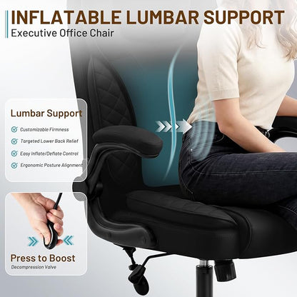 Ergonomic Office Chair, PU Leather High Back Executive Chair with Adjustable Inflatable Lumbar Support and Padded Flip-Up Arms, Recline Swivel Task Computer Chair for Home Office, Black