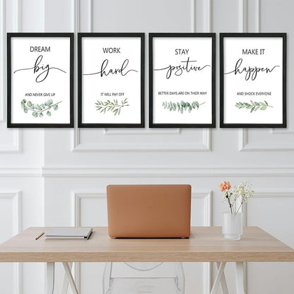 Inspirational Quote Wall Art 11x16–Motivational Office Decor,Wood Frame 4Pc | Positive Family Encouragement Black Wooden Framed Signs Set of 4