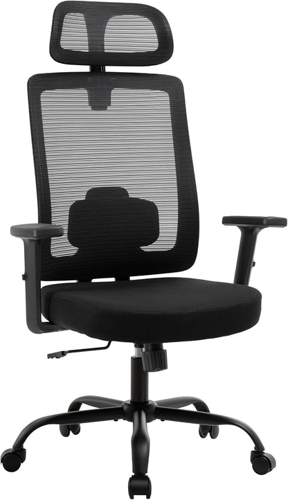 Ergonomic Office Chair Mesh High Back, Office Desk Chair with Adjustable Lumbar Support, Rolling Work Chairs with Wheels and 3D Headrest, Black