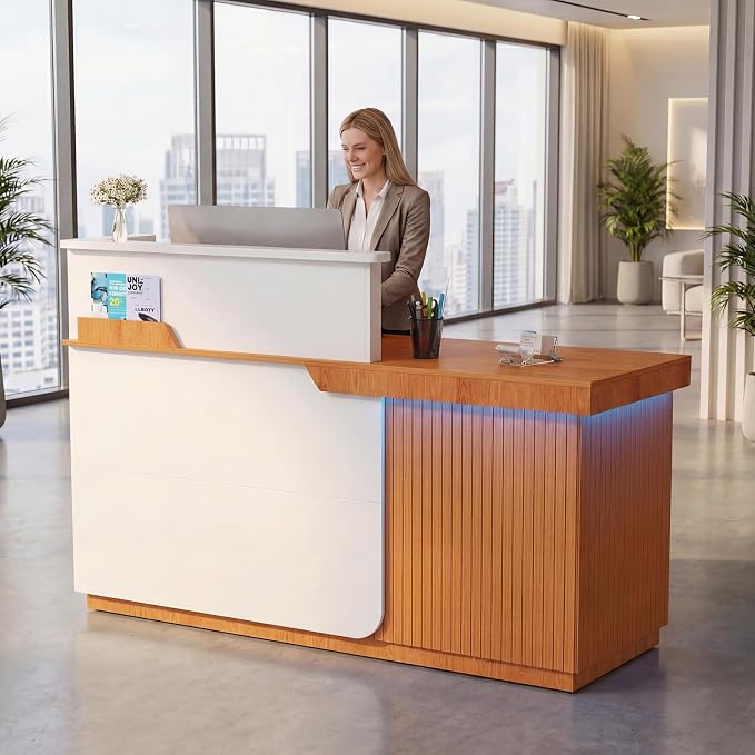 Kikihouse Modern Reception Desk with LED, 63” Fluted Front Desk with Lockable Drawer, Cabinet and Sliding Tray, Large Reception Counter Table for Office Lobby Nail Salon Clinic (Red Oak)