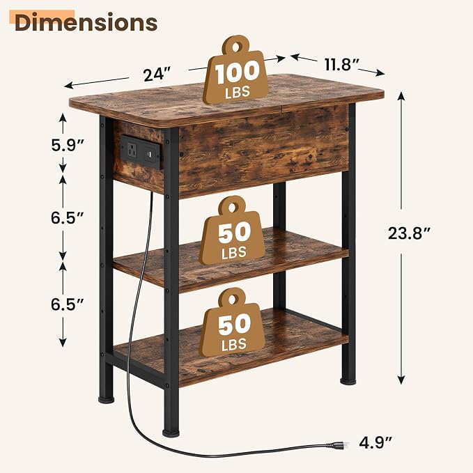 GRUSIGN End Table with Charging Station, Flip Top Side Table with USB Ports and Outlets, 3-Tier Small Side Table with Storage for Small Space, End Tables for Living Room/Bedroom, Brown