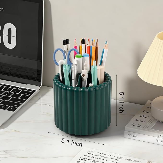 Anyoifax 360° Rotating Pen Holder 7 Slots Desk Organizer Removable Pencil Cup Plastic Art Supplies and Accessories Desktop Storage Box Caddy for Office, School, Home (Teal Green)