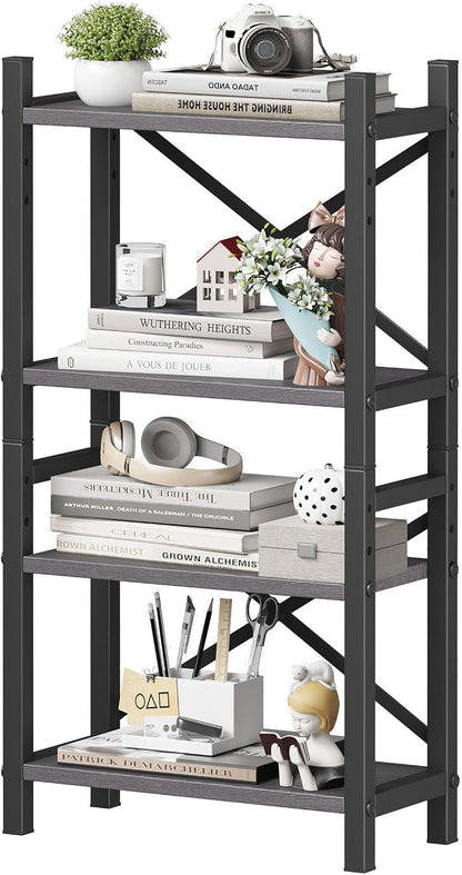 Desktop Bookshelf, 4-Tier Stackable Narrow Bookcase, Adjustable Industrial Desk Organizer & Hutch - Rustic Brown Wood Desktop Book Organizer for Living Room, Bedroom & Home Office