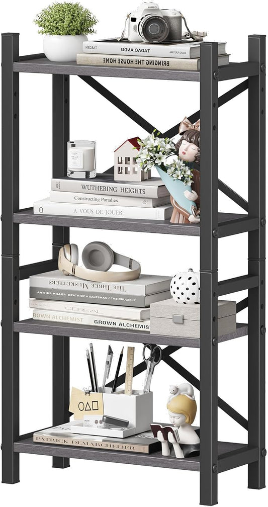 Desktop Bookshelf, 4-Tier Stackable Narrow Bookcase, Adjustable Industrial Desk Organizer & Hutch - Rustic Brown Wood Desktop Book Organizer for Living Room, Bedroom & Home Office