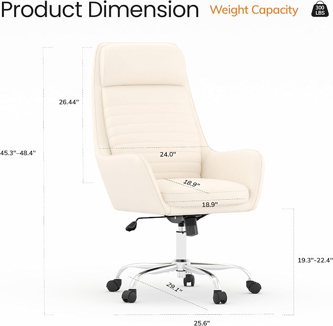 COLAMY Ellis High-Back Home Office Desk Chair, Leather Executive Chair with Integrated Armrests, Beige