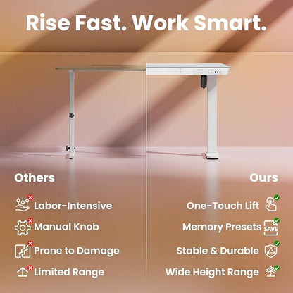 HUANUO Glass Standing Desk with Drawers, 40 X 24 Inch Electric Adjustable Height Desk, Quick Install One-Piece Tabletop with USB Charging Ports, White