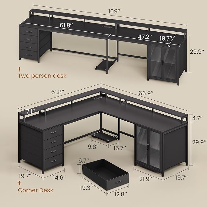 SEDETA L Shaped Gaming Desk with 4 Drawers, 109” Computer Desk with Display Cabinet, Home Office Desks with 2 Monitor Stands, CPU Stand, LED Lights and Power Outlet, Black