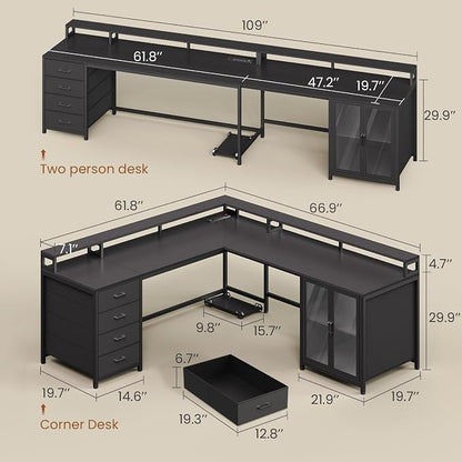SEDETA L Shaped Gaming Desk with 4 Drawers, 109” Computer Desk with Display Cabinet, Home Office Desks with 2 Monitor Stands, CPU Stand, LED Lights and Power Outlet, Black