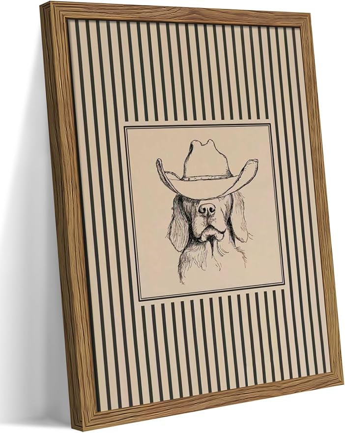 Western Cowboy Dog Wall Art - Framed Canvas Wall Decor for Living Room, Bedroom & Nursery, Vintage Animal Sketch in Wood Frame, Cute Dog with Hat Picture, Farmhouse Style 8x10 inch