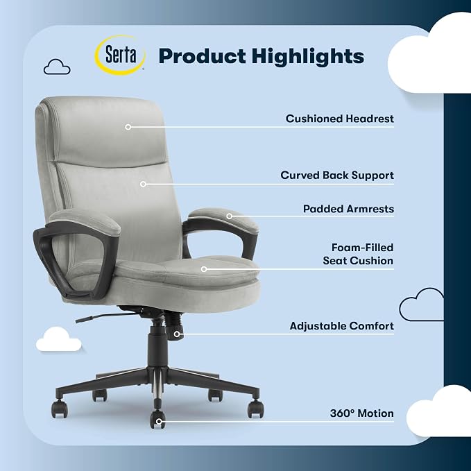 Serta Comfort Ergo Executive Office Chair, Ergonomic Mid-Back Design with Lumbar Support, Semi-Plush Double-Layer Seat Cushion, Padded Armrests, Swivel Metal Base, Soft Velvet, Gray