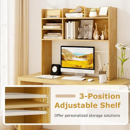 GOFLAME 6 Shelves Desktop Bookshelf, 37” Desk Hutch Dorm for Computer Monitor Up to 32”, 3-Tier Countertop Display Rack, Wood Desk Storage Organizer Shelf for Home Office, Study, Burlywood