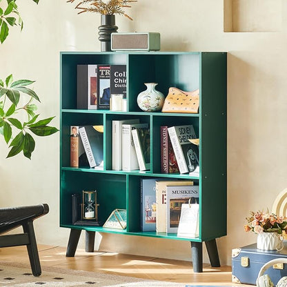 LEYAOYAO Cube Bookshelf 3 Tier Mid-Century Dark Green Modern Bookcase with Legs,Retro Wood Bookshelves Storage Organizer Shelf,Freestanding Open Book Shelves for Bedroom,Living Room,Office