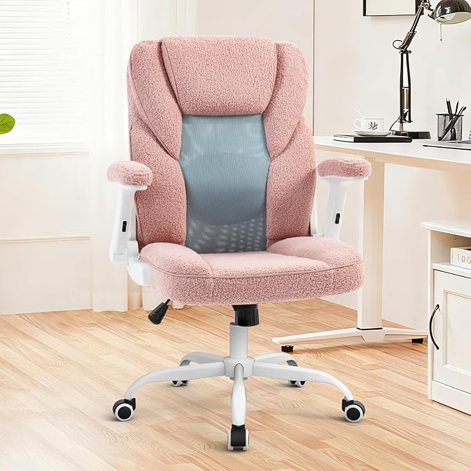 SEATZONE Pink Home Desk Office Chair with Arms and Wheels, Comfortable Executive Computer Chair, Breathable Mesh and Teddy Fleece Fabric Swivel Task Chairs for Women&Girls