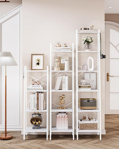 Hzuaneri Ladder Shelf, Bookshelf Bookcase, Freestanding Corner Storage Shelve with 2 Hooks for Home Office, Living Room, Kitchen, Bedroom, Industrial, 4-Tier White BC13213W