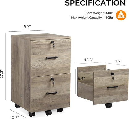 VINGLI 2 Drawer File Cabinet with Lock, Wood Rustic Gray Filing Cabinet for Letter Size File Folders with Tabs, Under Desk Rolling File Cabinets for Home Office, Mobile File Organization Printer Stand