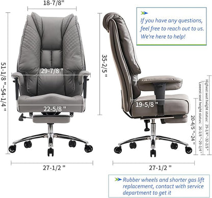 EXCEBET Big and Tall Office Chair 400lbs Wide Seat, Leather High Back Executive Office Chair with Foot Rest, Ergonomic Chairs Lumbar Support for Lower Back Pain Relief (Grey)