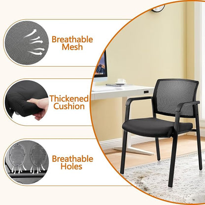 CLATINA Guest Reception Stacking Office Chairs with Arm, Mesh Back Waiting Room Chair with Upholstered Fabric Seat and Ergonomic Lumbar Support for Office Conference School Church, Black-2 Pack