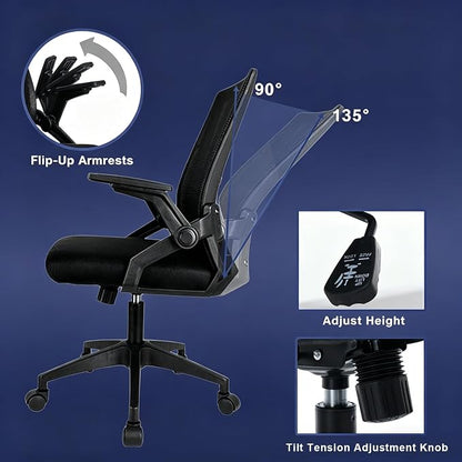 Ergonomic Office Chair with Flip-Up Arms, Small Desk Chair with Breathable Mesh Back, Home Office Desk Chair that Saves Space, Compact Swivel Computer Chair