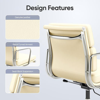 Mid-Back Executive Genuine Leather Office Chair, with Aluminum Arms and 5-Star Base, Modern Rolling Desk Chair with Silent Wheels, Lumbar Support, High-Adjustable, Tilting for Home & Office