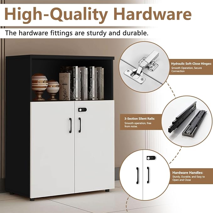 File Cabinet with Password Lock, Wood Lateral Filing Cabinet for Letter/A4 Files, 3 Drawer with Door, Printer Stand with Open Shelves for Home Office