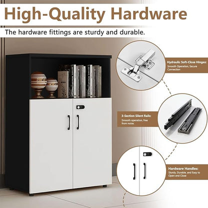 File Cabinet with Password Lock, Wood Lateral Filing Cabinet for Letter/A4 Files, 3 Drawer with Door, Printer Stand with Open Shelves for Home Office