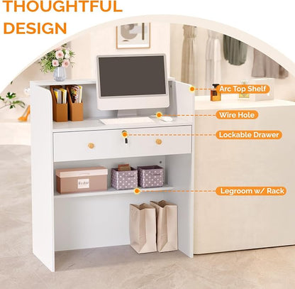 OmySalon Reception Desk with Counter, Small Front Desk w/Lockable Drawer, Wooden Modern Reception Table for Salon Lobby Office Home (White, 32)