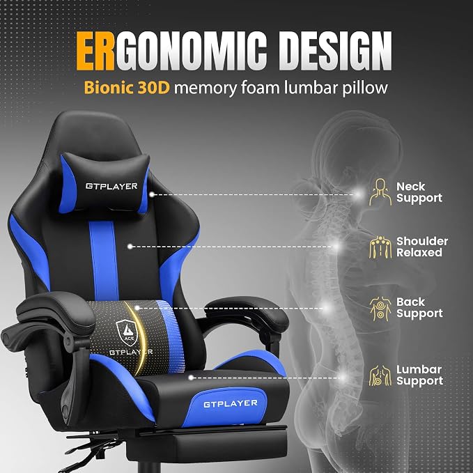 GTPLAYER Gaming Chair with Pocket Spring Cushion, Leather Office Chair with Ergonomic High Back & Lumbar Support for Back Pain Relief, Computer Game Chair for Adults, Cobalt Blue