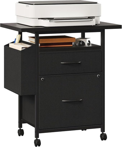 Simple Deluxe 2 Drawer File Cabinet with 24" Extended Desktop, Mobile Filing Cabinet, Rolling File Cabinet with Side Bag, Fabric Drawer, Fits A4/Letter Size, Printer Stand Home Office, Black
