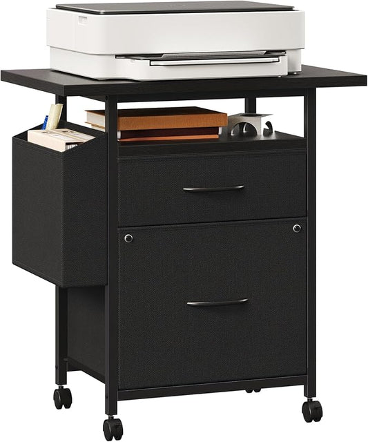 Simple Deluxe 2 Drawer File Cabinet with 24" Extended Desktop, Mobile Filing Cabinet, Rolling File Cabinet with Side Bag, Fabric Drawer, Fits A4/Letter Size, Printer Stand Home Office, Black